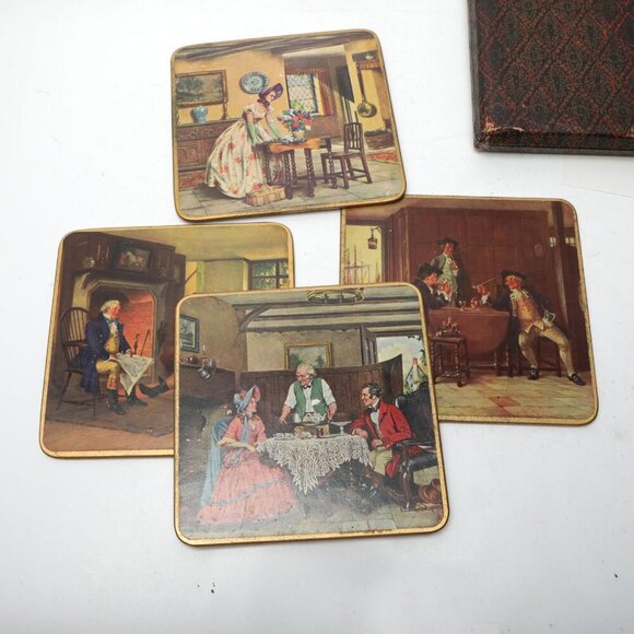 Vintage Win-El-Ware English Large Coasters Victorian Crinoline Pub x 6 with Case - Picture 2 of 14